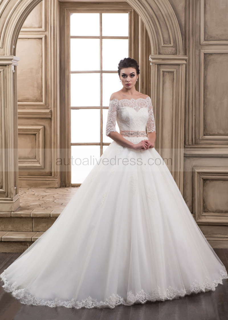 Aline Off Shoulder Elbow Sleeves Buttons Back With Pink Beaded Sash